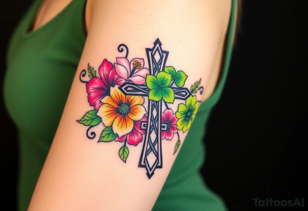black and green celtic knots weaving throughout, bright colorful hibiscus flowers, sunflowers and a celtic cross with green 4 leaf clover tattoo idea