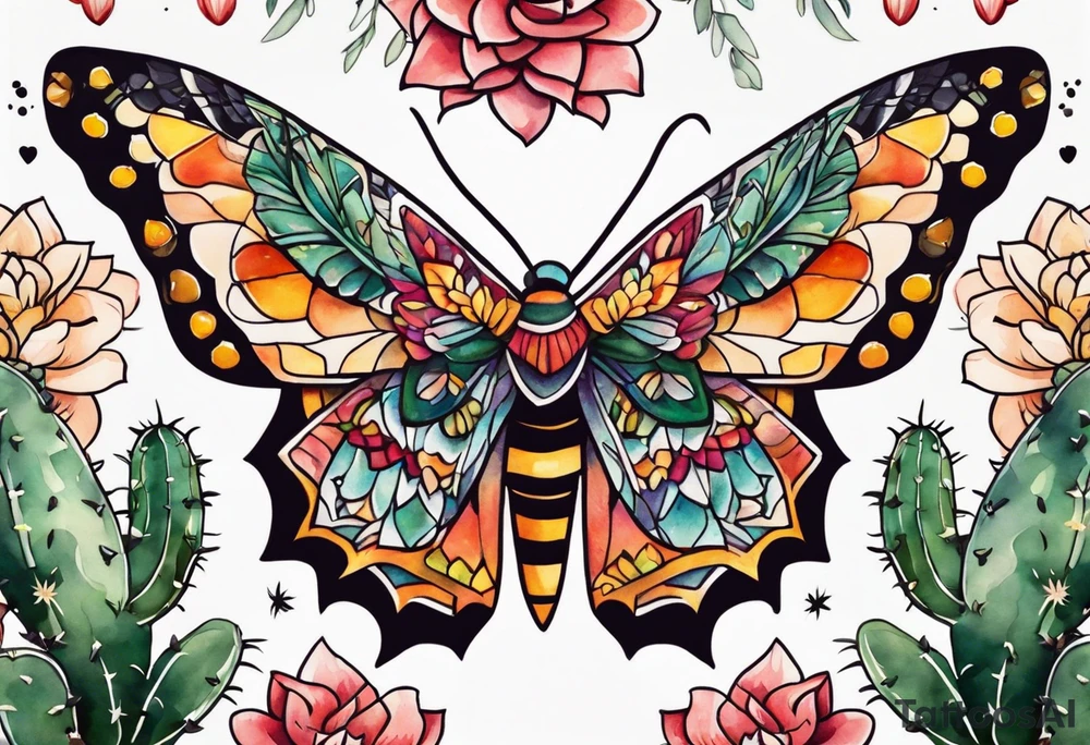 Modern Mexican style small moth with succulents in a garden with cactus tattoo idea