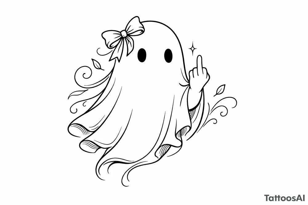 Minimalist line art of a ghost with a bow, giving the finger. tattoo idea
