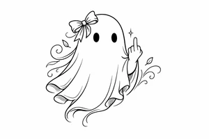Minimalist line art of a ghost with a bow, giving the finger. tattoo idea