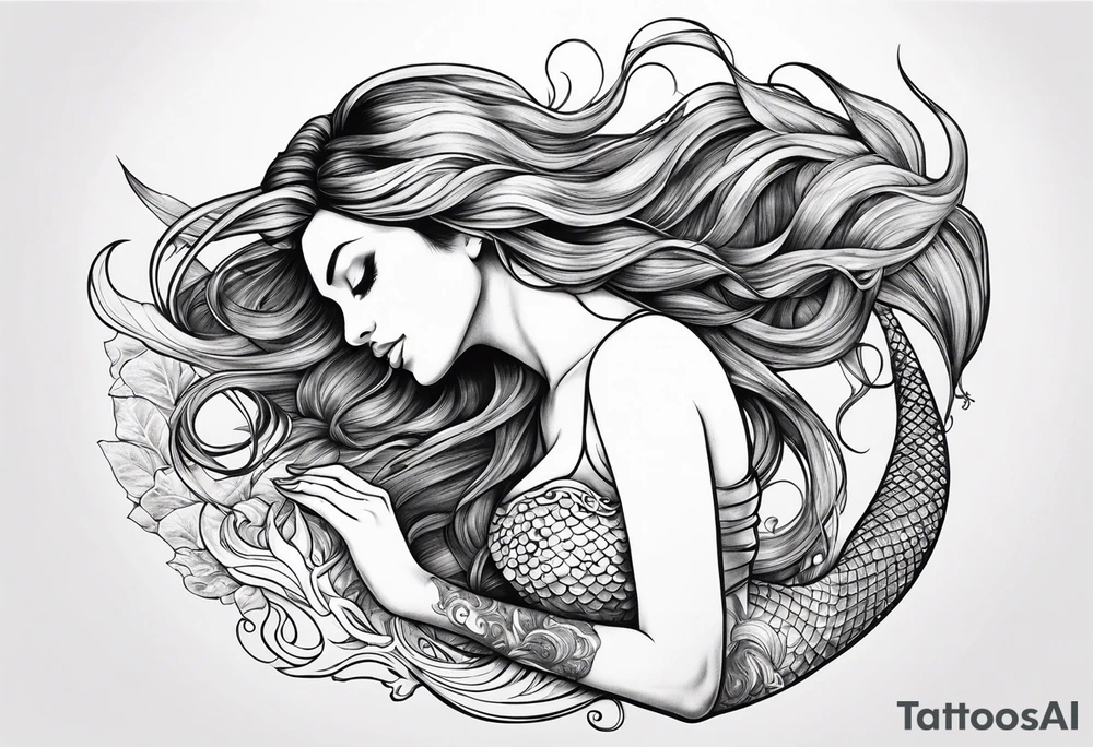 mermaid lying on her back with flowing hair and fan tail tattoo idea