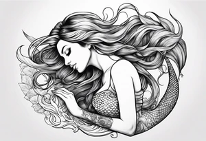 mermaid lying on her back with flowing hair and fan tail tattoo idea
