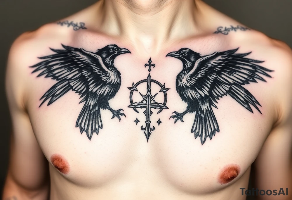 Chest tattoo, two ravens and icelandic symbols, dark brest tattoo tattoo idea