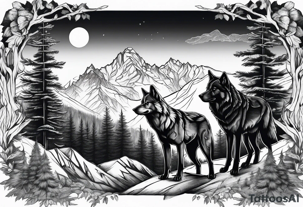 Dark forest with mountains and wolves tattoo idea