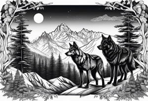 Dark forest with mountains and wolves tattoo idea