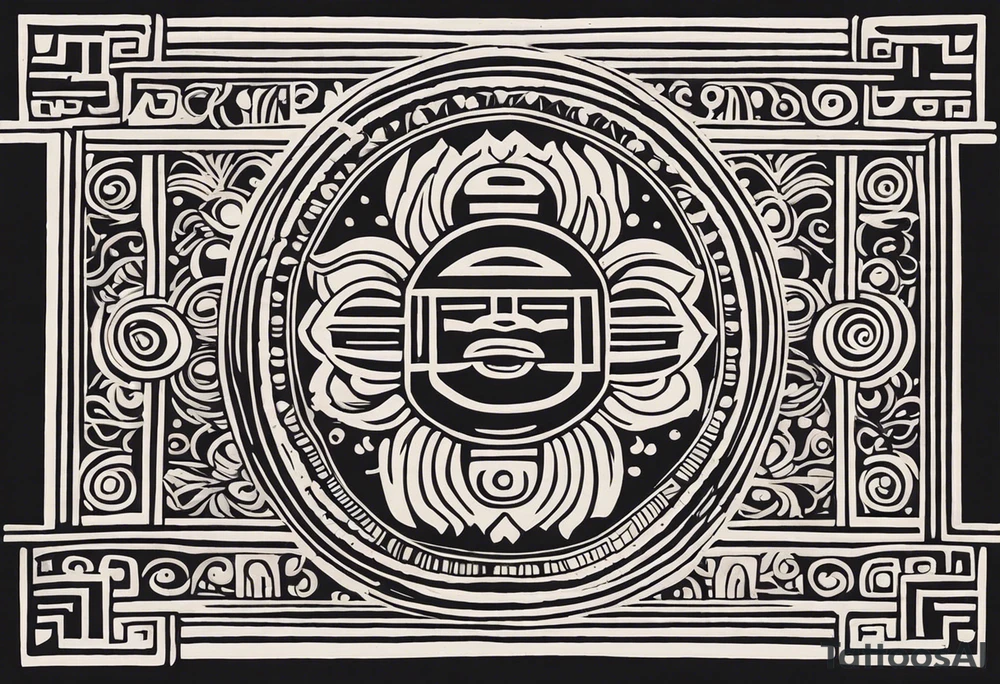 Create a masculine mayan tattoo design carved in stone featuring three flower buds of Gypsophila spp. The design should incorporate sharp, geometric patterns inspired by ancient Mayan glyphs and carvings, emphasizing strength and symmetry. The flower buds should be stylized with angular, bold lines, set within intricate, sacred Mayan motifs. The overall design should evoke harmony and balance, symbolizing the calming frequency of 432 Hz through symmetrical and flowing element tattoo idea