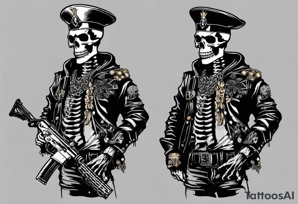 image of a skeleton standing frontally with a crown on his head, holding an AK-47 on his shoulder with his right hand. The chain on the left should be taut, there are three angry barking Dobermans in it, near the waist tattoo idea