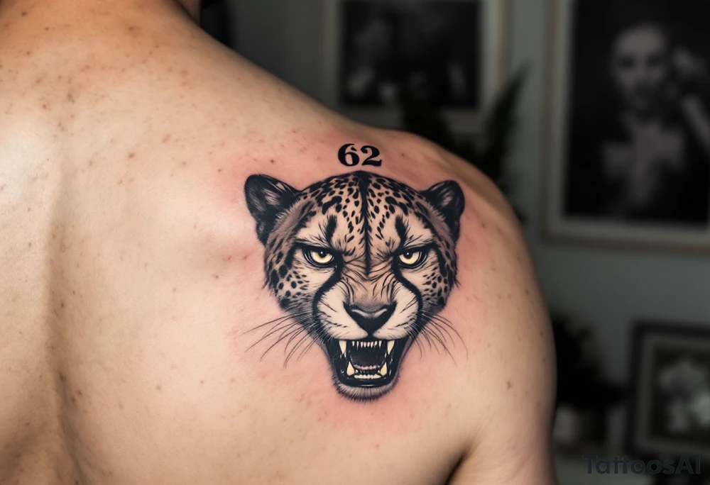 angry cheetah with the number 62 tattoo idea