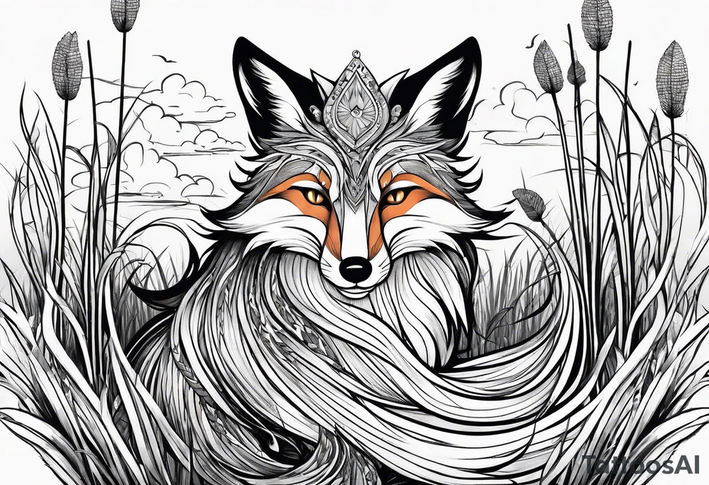 Creepy fox in the reeds jumping dark tattoo idea
