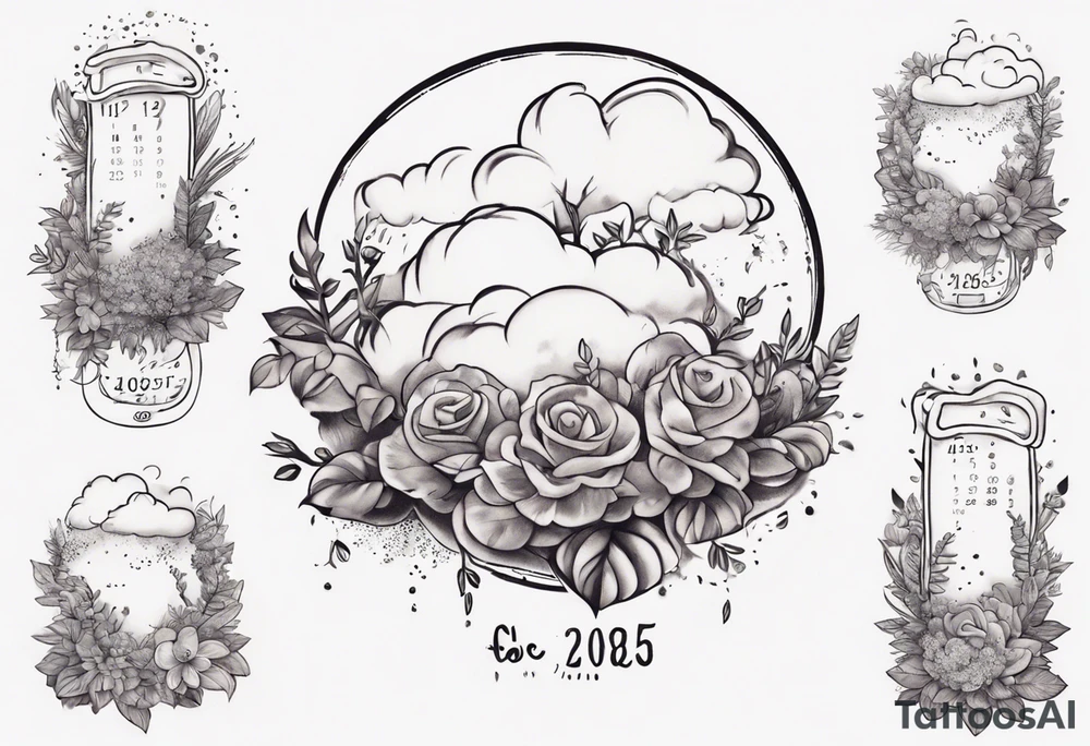 a forearm tattoo with a cloud with little plants and underneath it the date 12.08.05 tattoo idea