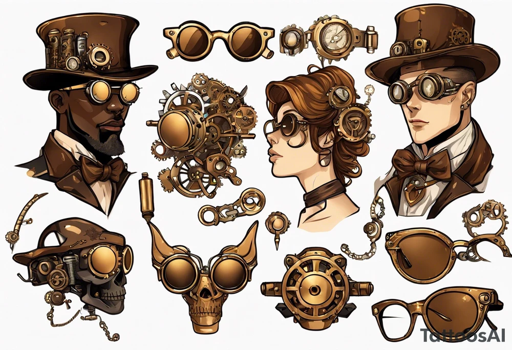 Steampunk
Anime
Gold
Brown
Sunglasses 
Mechanical devices
Leather
People tattoo idea