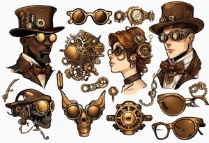 Steampunk
Anime
Gold
Brown
Sunglasses 
Mechanical devices
Leather
People tattoo idea