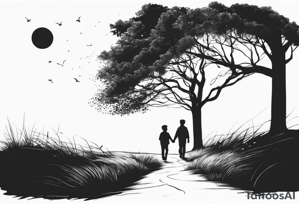 A tree, underneath the tree place a man and a boy holding hands walking into distance tattoo idea