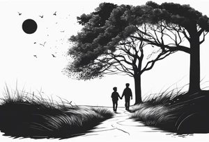 A tree, underneath the tree place a man and a boy holding hands walking into distance tattoo idea