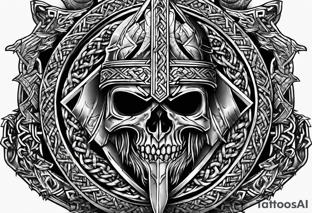 Valhalla sword shield  axe Valknut barbed wire chains tattoo idea