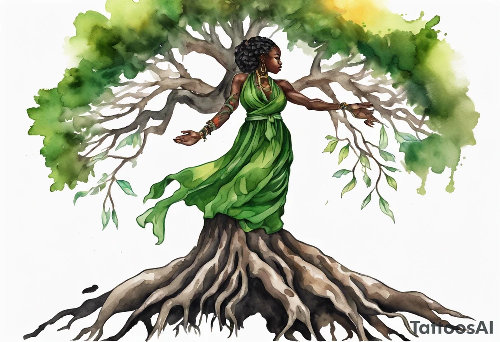 a tree trunk with roots that is a black woman from the waist up, feet made of tree roots, wearing a green tunic, arms stretched upwards towards the blazing sun tattoo idea