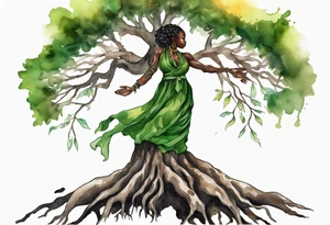 a tree trunk with roots that is a black woman from the waist up, feet made of tree roots, wearing a green tunic, arms stretched upwards towards the blazing sun tattoo idea