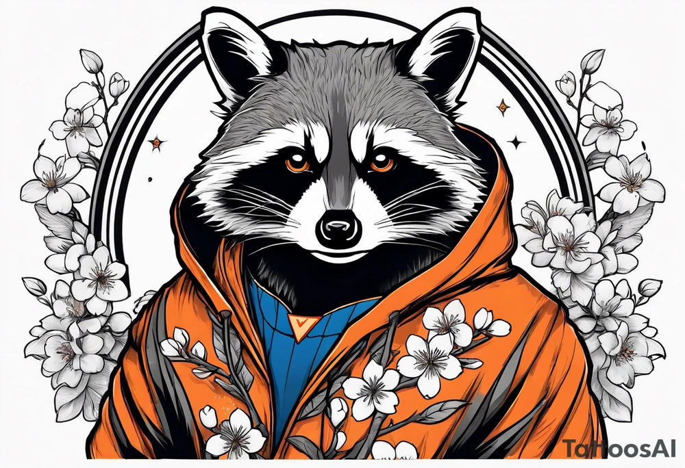 raccoon wearing a Superman hoodie with black and white logo and orange Japanese cherry blossoms tattoo idea