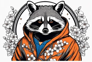 raccoon wearing a Superman hoodie with black and white logo and orange Japanese cherry blossoms tattoo idea