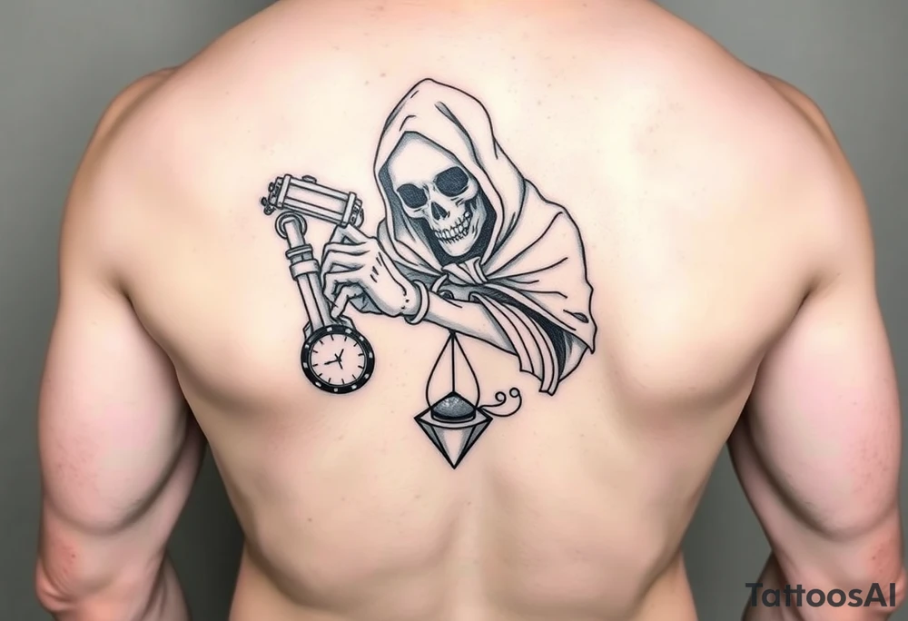 Simple grim reaper looking at a watch on his wrist with a hourglass with red sand and diamond geometric shapes for the thigh tattoo idea