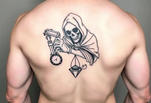 Simple grim reaper looking at a watch on his wrist with a hourglass with red sand and diamond geometric shapes for the thigh tattoo idea