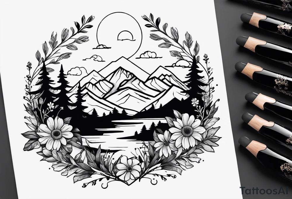 small, mountains, sun, wildflowers tattoo idea