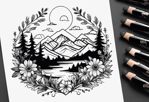 small, mountains, sun, wildflowers tattoo idea
