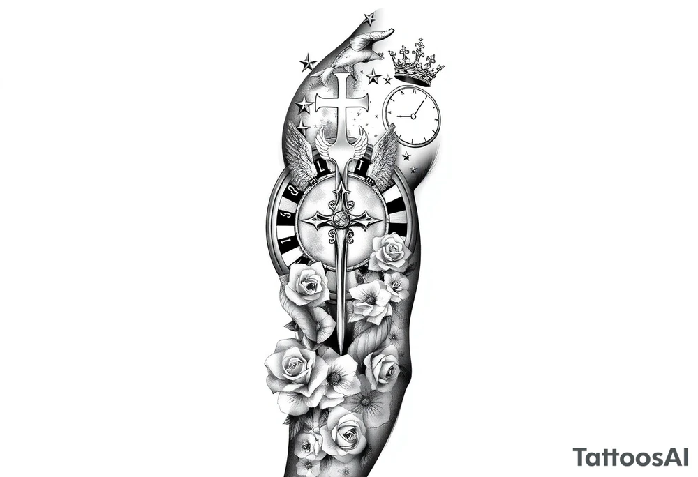 Roulette casino and princess and cross, baby angels, roses and clock and stars and fish, crown tattoo idea