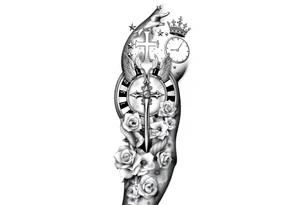 Roulette casino and princess and cross, baby angels, roses and clock and stars and fish, crown tattoo idea