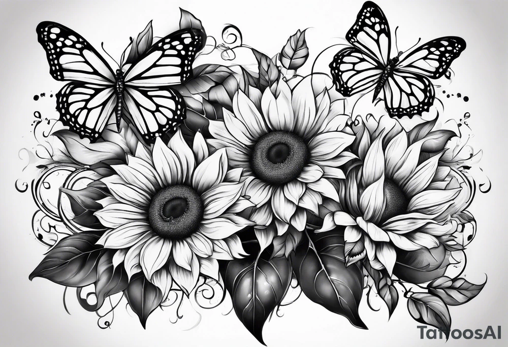 Arm sleeve with sunflowers and butterflies tattoo idea