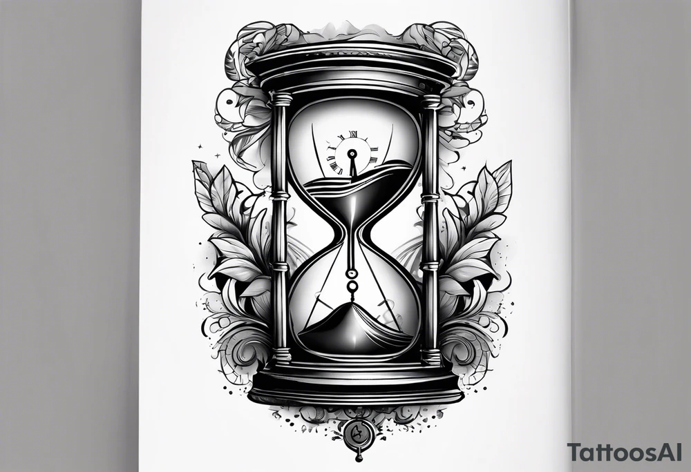 Draw me a tattoo located on the shoulder and upper arm of a man. The tattoo represents a clock in an hourglass with Roman numerals in the background. It is a symbol of the passing of time. tattoo idea