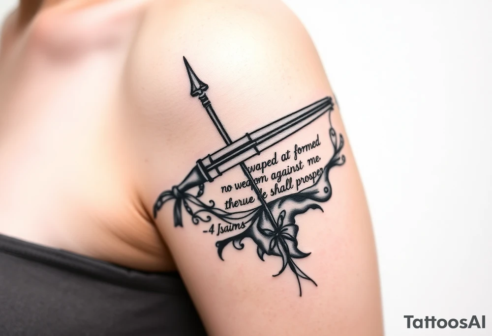 Strong biblical image that depicts, Isaiah 54:17, no weapon formed against me shall prosper under water tattoo idea