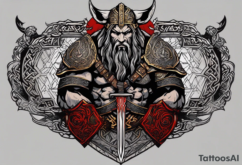 the norse symbol of Tyr, the god of war and order, with a full body figure of tyr in the middle of symbol. The right hand being bitten by a wolf bound in golden chains and the left hand holding a sword. tattoo idea