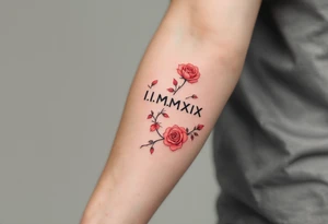 I.I.MMXIX written in pure black ink along the forearm with red rose vines delicately wrapping around. tattoo idea
