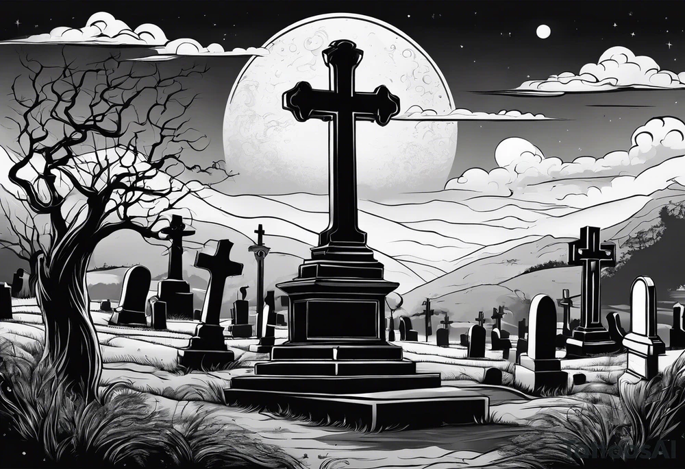 Cemetery on hills with smoke and moon tattoo idea