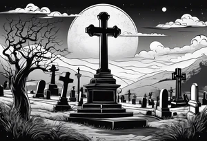 Cemetery on hills with smoke and moon tattoo idea