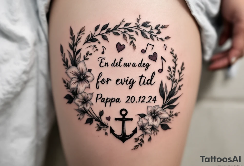 «En del av deg for evig tid
Pappa 20.12.24» Surrounded by long gladiolus, hearts, notes and an anchor tattoo idea