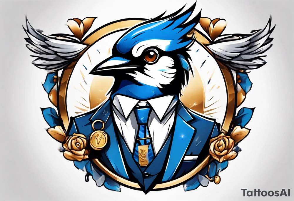 bluejay in a suit with a medal on around neck tattoo idea