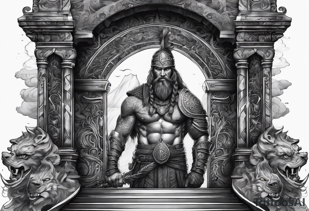 The warior is standing in front of the staircase that leads to the gate to the valhalla. tattoo idea
