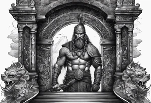 The warior is standing in front of the staircase that leads to the gate to the valhalla. tattoo idea