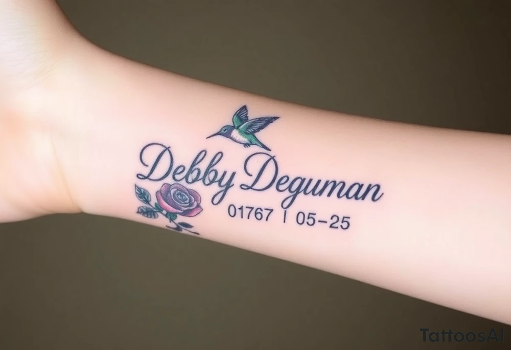 Cursive name Debby Deguzman surrounded by a hummingbird a rose and these dates 08-17-61 to 05-29-25 tattoo idea