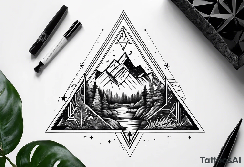 thick line art of space and jungle in triangle shape tattoo idea