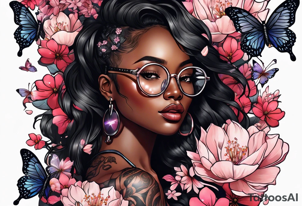 Black dark-skinned Female with glasses with butterflies and sakura blossoms around her with the lettering " Nisha " Underneath. tattoo idea
