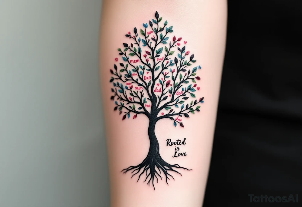 A black ink tree with leaves written with "mom" "dad" in shades of green, pink, and blue, with “Rooted in Love” at the base. tattoo idea