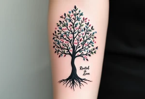 A black ink tree with leaves written with "mom" "dad" in shades of green, pink, and blue, with “Rooted in Love” at the base. tattoo idea