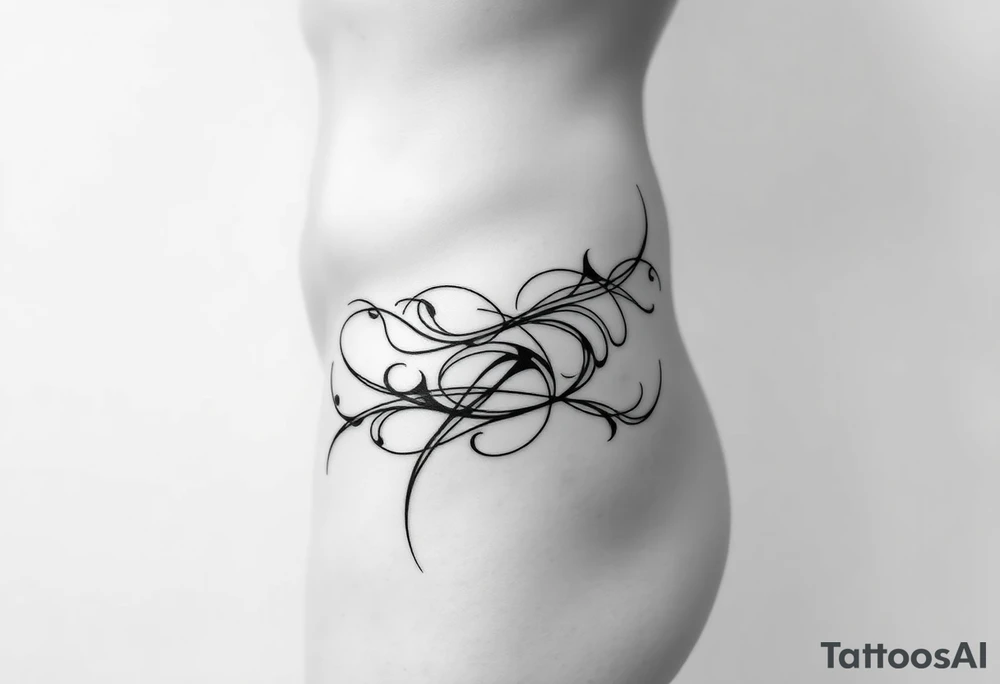 Cybersigilism tattoo design, ultra minimal, thin sharp black lines only, no fills, no solid blacks, no shading.
Abstract organic sigils and biomechanical curves, flowing asymmetrical linework.
Design wraps the entire lateral body: starting from the side of the lower abdomen at navel height, flowing over the hip and outer glute, then extending down to mid quadriceps.
Elegant negative space, breathable composition, high contrast skin-to-ink.
Tribal–futuristic aesthetic, alien calligraphy, cyber rune style.
Tattoo stencil look, clean vector linework, high precision, body-flow oriented, anatomical curvature aware.
No mandalas, no symmetry, no heavy textures, no realism. tattoo idea
