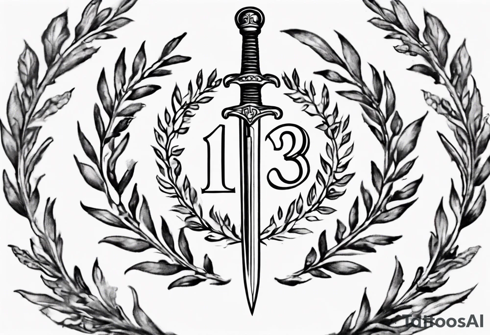 number 13 centered in a laurel leaf wreath and a sword going through the center of the wreath tattoo idea
