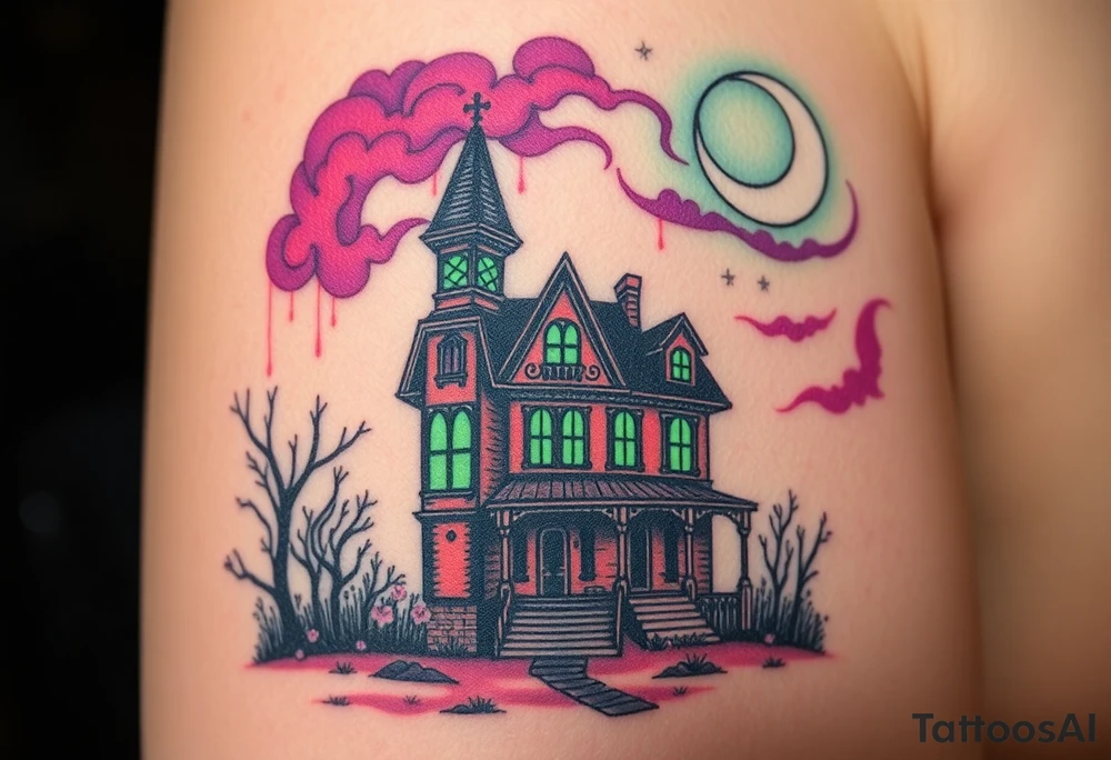 Tim Burton’s haunted victorian home is abandoned and dripping with muted reds, dusty pinks, and eerie green glow.purple and cyan smokey clouds swirl in the crescent moonlit sky thats sprinkled with stars tattoo idea tattoo idea