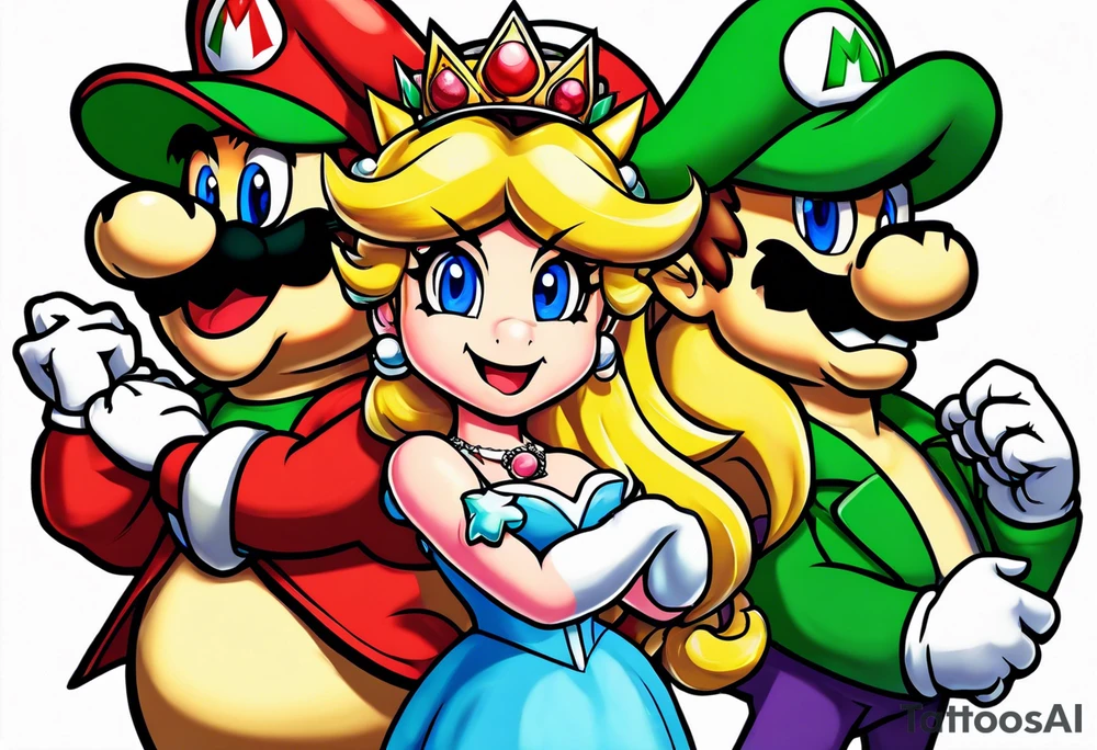 bowser holding Mario and Luigi severed heads with princess peach by bowsers side tattoo idea