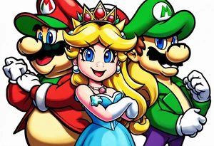 bowser holding Mario and Luigi severed heads with princess peach by bowsers side tattoo idea